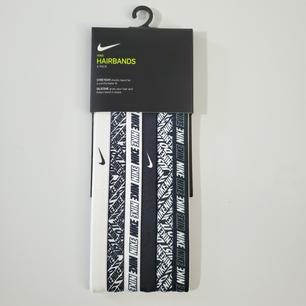 NEW! Nike Hairbands Yoga/Tennis/Golf/Gym 6PK-Black/White, Silicone Backing